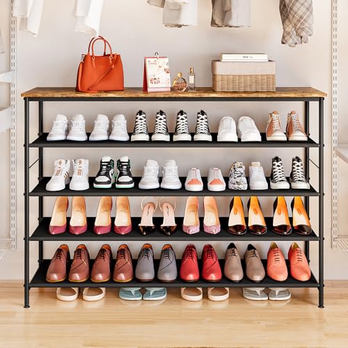 Image of INGIORDAR Shoe Rack Organizer 5 Tier Metal Organizer Shelf with Industrial MDF Board and Layer Fabric for Entryway Closet Bedroom Living Room Garage (Black+Rustic Brown, 5 Tier(47.2 inch W))