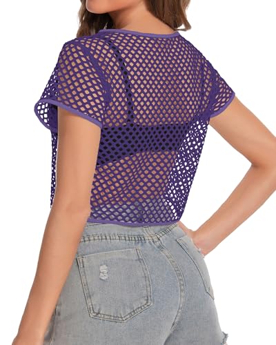 Image of Womens Sheer Mesh Top Fishnet T Shirts Short Sleeve See Through Casual Crop Tops