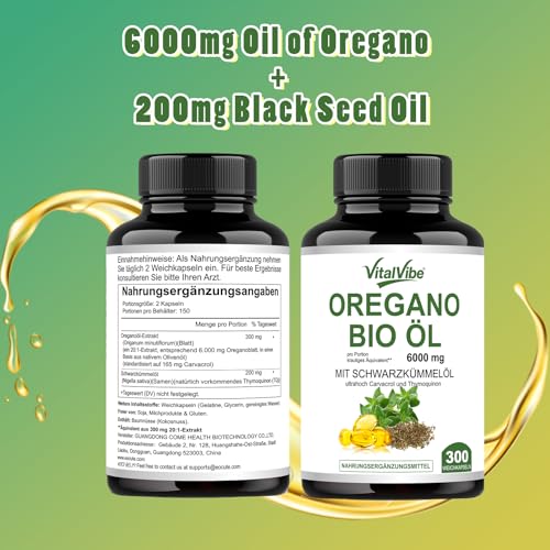 VitalVibe öil of oreganol Kapseln,2 in 1 6000 mg Oreganoöl mit Schwarzkümmelöl 200 mg,Oregano-Nahrungsergänzungsmittel auf Kräuterbasis | Hochwirksame Pflanzenstoffe Nahrungsergänzungsmittel