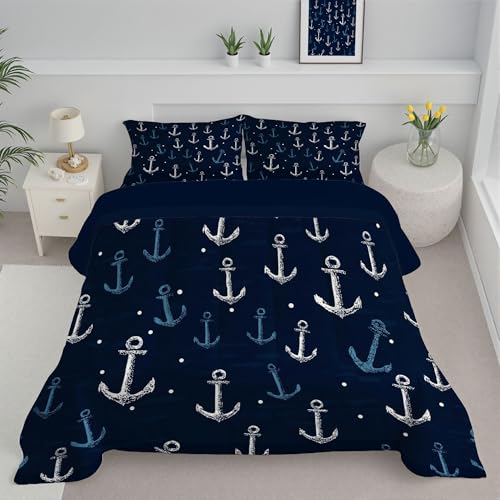 JEDTAKCT Edredón Nórdico Ancla De Lunares Estampado Cama 105, Edredón De Tema Náutico Reversible Transpirable Tacto Pluma, 140X200Cm, Acolchado Suave para Otoño Invierno, Azul Marino