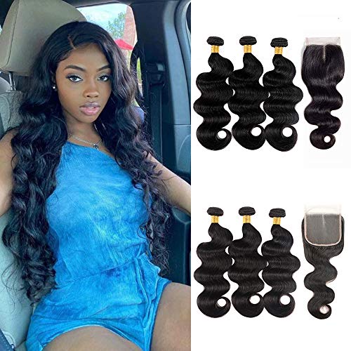 NOBILITY Hair Brazilian 10A Body Wave Human Hair 3 Bundles with Closure (22 24 26+20inch Closure Middle Part)100% Unprocessed Virgin Body Wave Hair Bundles with 4x4 Lace Closure Natural Color