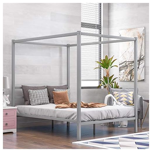 SOFTSEA Queen Canopy Bed, Metal Platform Bed Frame with Buit-in Headboard, 4-Post Platform Bed Frame, No Box Spring Needed, Queen (Silver)