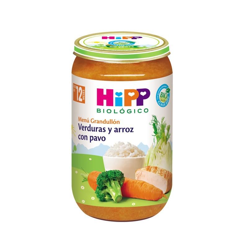 HiPP Biológico - Tarrito De Verduritas y Arroz con Pavo BIO - Menú Grandullón con Trocitos - 220g - Ingredientes de Producción Ecológica - Sin Gluten - A Partir de 12 Meses