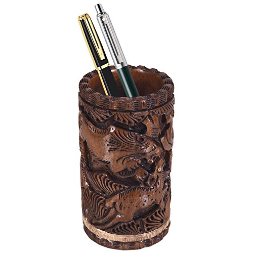Image of Craft Trade 12x7 Cm Round Hand Carved Wooden Pencil Holder Animal Print - Dark Brown