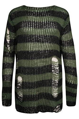 Image of Ro Rox Gothic Knitted Jumper with Distressed Look - Oversized Pullover Ripped Design, Loose Fit, 90s Grunge Stripe Pattern
