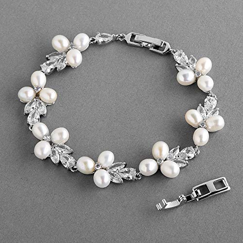 Mariell Cz Freshwater Pearl Bridal Wedding Bracelet For Women, Platinum Plated, 7 1/8" Plus 1/2" Extender #TOP4
