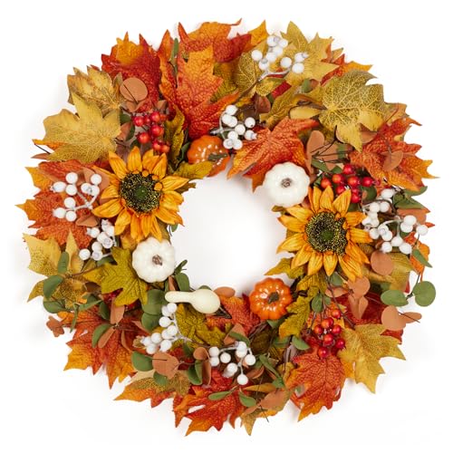 Fall Wreath for Front Door, 22-24" Autumn Wreath with Sunflower, Pumpkin, Berry. Artificial Home Decorations for Indoor Outdoor Window Wall Porch,UV Resistant Seasonal Decor for Thanksgiving Halloween Fall Wreath for Front Door, 22-24" Autumn Wreath with Sunflower, Pumpkin, Berry. Artificial Home Decorations for Indoor Outdoor Window Wall Porch,UV Resistant Seasonal Decor for Thanksgiving Halloween