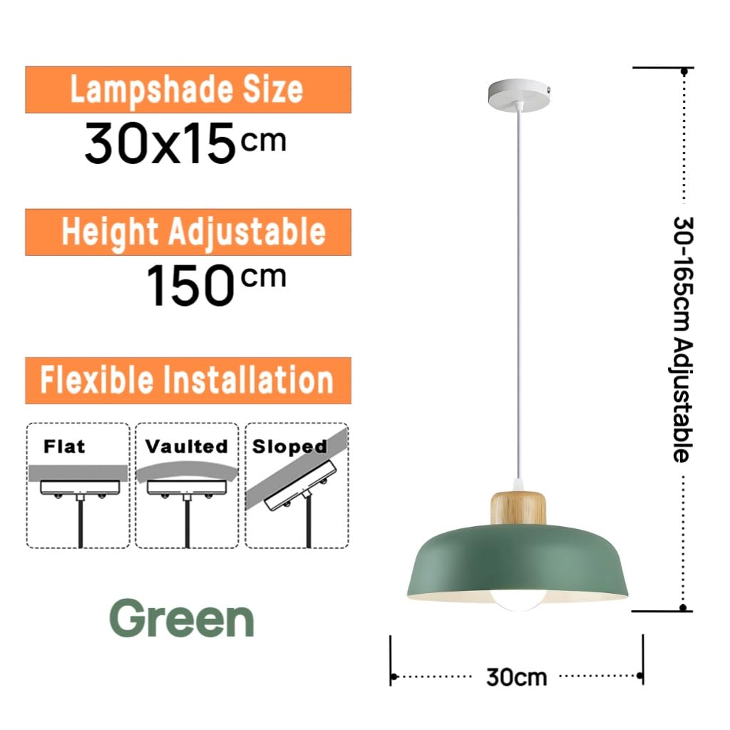 Nordycka nowoczesna, prosta metalowa lampa wisząca, E27, drewniana oprawa, 30 cm, lampa wisząca, żywy kolor do kuchni, sypialni, salonu (zielona)