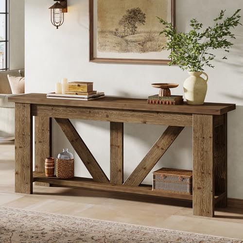 TRIBEWOOD Solid Wood Sofa Table, 70.9 Inches Extra Long Console Table with 2 Tiers Storage Shelves,