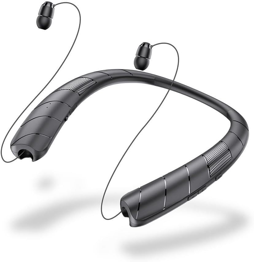 Retractable Neckband Bluetooth Headphones Neckband Earphone Wireless Earbuds 48H Playtime Built-in Speaker IPX5 Waterproof Auto-Coil Cord Bilateral Stereo
