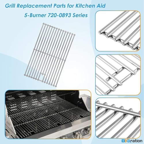Image of Replacement Kit for Kitchen Aid 720-0893 720-0893A 720-0893D 720-0893G, 7MM Stainless Steel Cooking Grates, Burners and Heat Plates for Kitchenaid Grill Replacement Parts 5-Burner Gas Grill