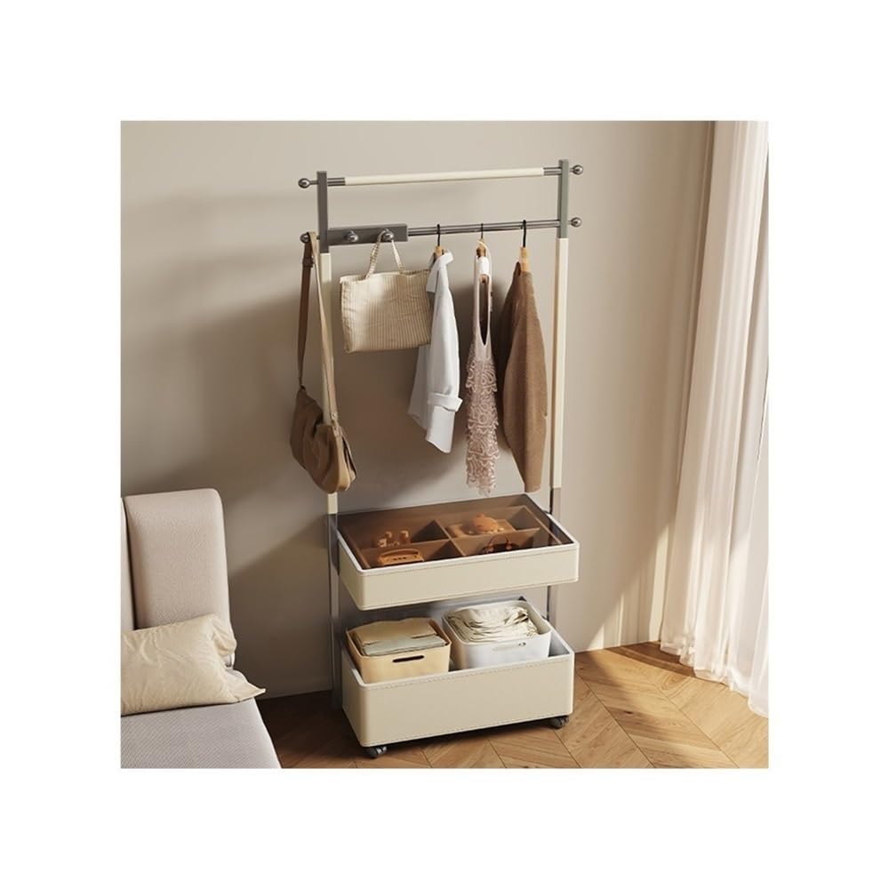 AILIUXIAOYAN Coat Rack Movable Coat Rack Bedroom Floor Stainless Steel Leather Storage Bedside Table Integrated Hanger with Storage(White)
