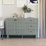 Aoikax Modern Sideboard Buffet Cabinet with 2 Doors & 3 Drawers, Minimalist Grid Carved Pine Front Storage Cabinet for Living Room, Kitchen, Ash Veneer Top, Metal Legs, Light Green