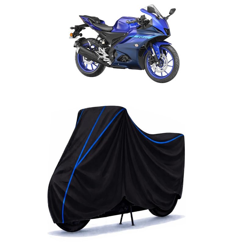 Image of R15 S Bike Cover Water Resistant Universal Motorcycle Rain | Heavy Duty UV Protection, Dust, Scratch Indoor Outdoor All Weather with Black Blue Piping Elastic