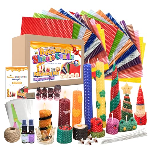 WcoDusak Beeswax Candle Making Kit for Kids 100% Pure Beeswax Sheet for Candle Making with 20 Colorful Sheets 8 Press-Out Molds Glass Candle Holders & Complete Gift Supplies Creative DIY Craft