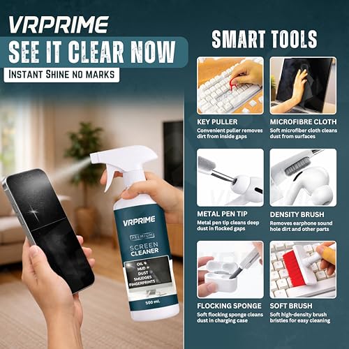 Image of VRPRIME Laptop Cleaner Kit | Combo with 500ML Laptop Screen Cleaner Spray for Keyboard, Mobile Phone, Camera Lens, Computer, Gadgets, Electronics, TV | Large Microfiber Cloth & Brush