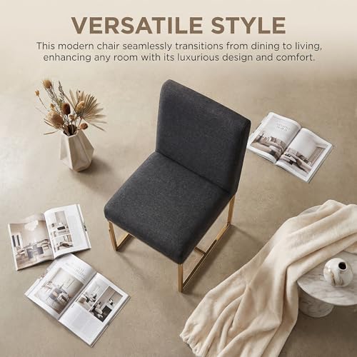 Image of HNY Modern Dining Chairs Set of 2, Upholstered Linen Dining Room Chairs with Ergonomic Back & Polished Gold Metal Frame for Home, Kitchen, Apartment, Charcoal Black