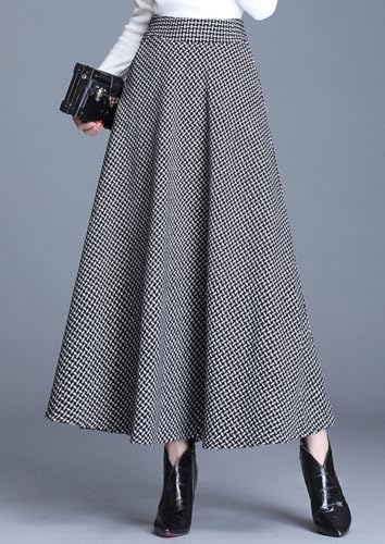chouyatou Women's Fall Winter Plaid Wool Skirt Pleated Elastic Waist A-Line Swing Maxi Long Skater Skirts2