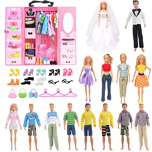 SOTOGO Doll Closet Wardrobe Set for 11.5 Inch Girl Boy Doll Clothes and Accessories Storage Include 12 Set Doll Clothes/Casual Wear/Dress/Wedding Dress, Shoes, Bags, Necklace, Hangers, Trunk, Wardrobe