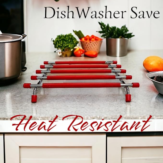 Pro Home Kitchen Trivet Stand Premium Worktop Saver Stainless Steel Stand Heat Resistant Anti Slip For Hot Cooking Pots & Pans (Red - Image 4