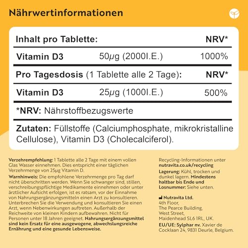 Nutravita Vitamin D3 2000 I.E - 400 Vit D Tabletten, 1+ Jahr - Vegetarisch - Hochdosiert Sonnenvitamin für Immunsystem, Knochen, Zähne & Muskeln - Vitamin D hochdosiert - Laborgeprüft Cholecalciferol