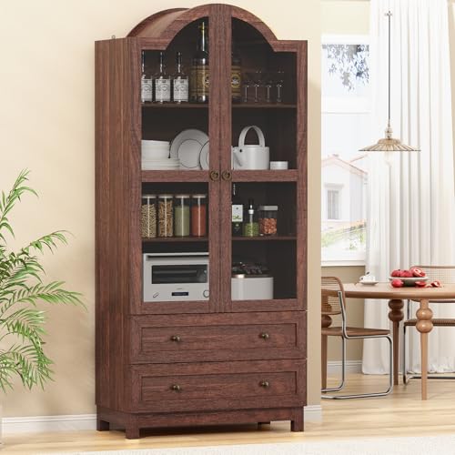 Image of EasyCom 71 inch Tall Arched Kitchen Cabinet, Walnut Pantry Storage with Doors | 4 Adjustable Shelves, 2 Large Drawers, Glass Doors, Anti-Tipping Kit, Versatile Modern Farmhouse Cupboard for Kitchen, Dining