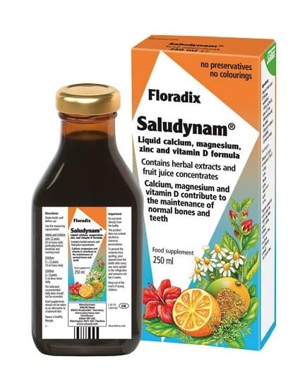 Calcio líquido Saludynam, magnesio, zinc y fórmula de vitamina D, sin gluten, sin lactosa, 3 x 250 ml, paquete de 3, 750 ml en total