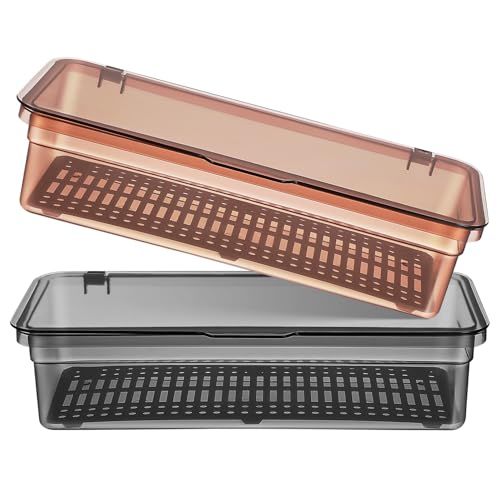 DIYEAH Organizador de Cubiertos con Tapa de Plástico Transparente y Marrón Té Caja de Almacenamiento con Bandeja de Drenaje Integrada para Utensilios Adecuado para Cocina y Encimera