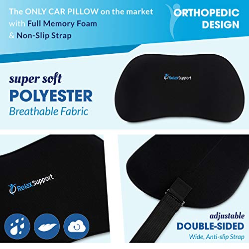 Relax Support Rs13-S Lumbar Support Pillow For Car - Full Memory Foam, Adjustable Dual Straps, Medium Firm - Promotes Good Spinal Posture&Comfortable Sitting While Driving - Back Support For Car Seat #TOP5