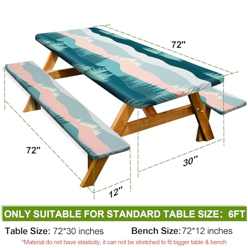 Image of Picnic Table Cover with Bench Covers 6FT 3 Pcs Waterproof Windproof Aesthetic Camping Tablecloth with Drawstring Bag, Fitted for 6 Foot Rectangle Tables and Seats, 72 inch, Pink Green Mountains