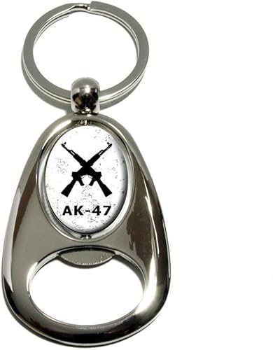 Crossed Rifles AK-47GunsMetal chapado en cromo plateado Spinning Oval Diseño Abridor de botellas llavero llavero