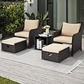 HOMREST 5 Piece Balcony Furniture, All Weather PE Wicker Rattan Patio Furniture Set, Cushioned Patio Chairs Set of 2 w/Ottoman&Table, Outdoor Lounge Chair for Lawn Pool Balcony, Khaki