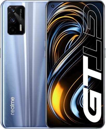 Image of realme GT 5G in Dashing Silver Comes with 8GB RAM, 128GB, 6.43-inch 120Hz Display, Snapdragon 888 Processor, 64MP Triple Rear Camera, 16MP Front Camera, and 4500mAh Battery with 65W Fast Charging.