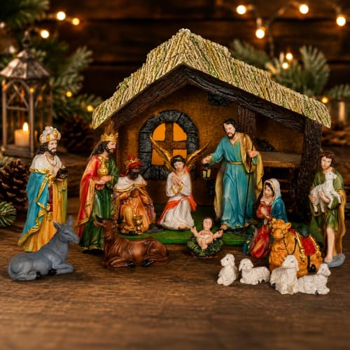 Image of KariGhar Resin Crib Set Idol Statue for Christmas Nativity Scene, Pack - Crib House, Mary, Joseph, Baby Jesus, Angel, 3 Wise Men, the Shepherd, 7 Animals, Set of 16 Pieces, 5 Inch