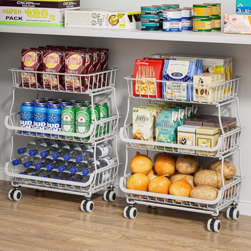 MJIMKE 3-Tier Rolling Cart with Wheels - Stackable Wire Baskets