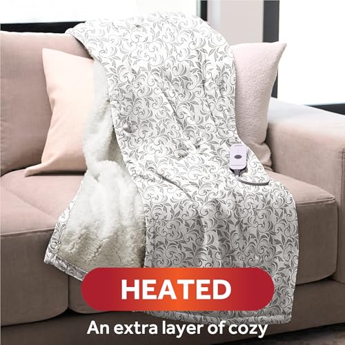 Image of Sunbeam Royal Mink Sherpa Heated Throw Electric Blanket, 50 inch x 60 inch, 4 Heat Settings, 4-Hour Auto Shut-Off, Warming Throw for Couch, Fast Heating, Machine Washable, Warm and Cozy, Grey Cape Paisley