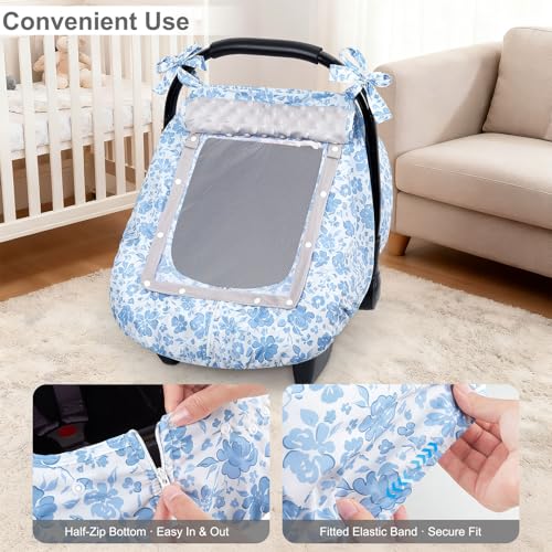 Image of FIOBEE Baby Car Seat Cover, Car Seat Covers for Babies Infant Car Seat Canopy with Breathable Mesh Window Waterproof Carseat Cover for Babies Boy Girl 4 Seasons, Ice Blue Floral
