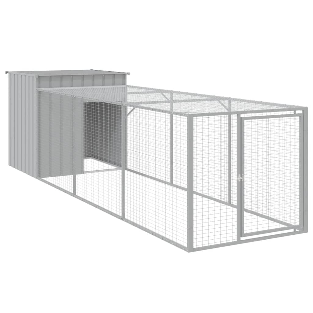 vidaXL Gallinero con Corral, Jaula de Gallinas Pollos con Tejado, Acero Galvanizado Gris Claro