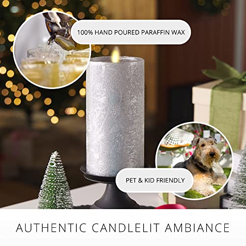 Image of Luminara Realistic Artificial Flame Frosted Silver Metallic Glitter Candle (3 x 6.5-inch) Moving Flame LED Battery Operated Lights - Unscented - Remote Sold Separately