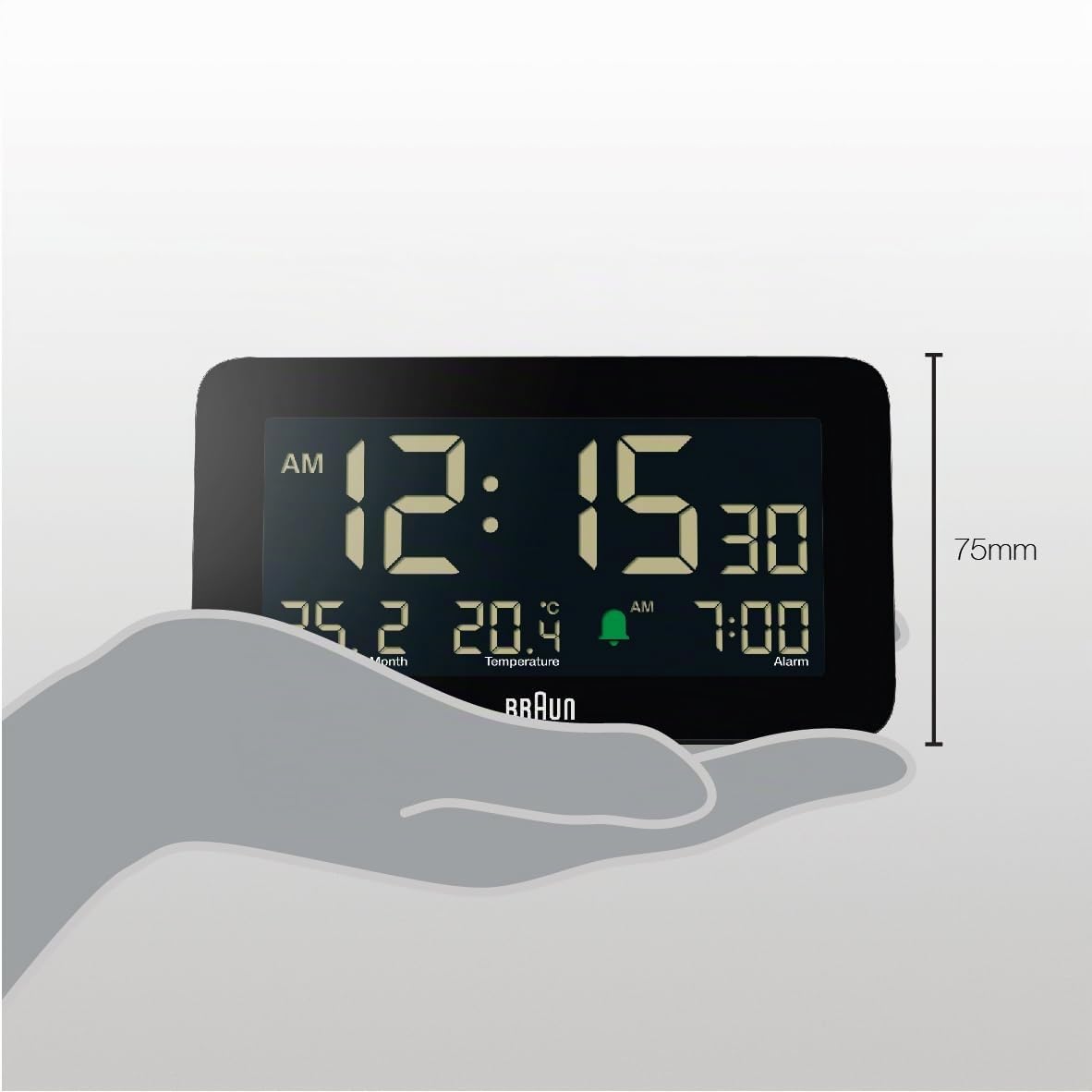 Braun Sveglia Digitale con Visualizzazione di Data, Mese e Temperatura, Display LCD Negativo, Impostazione Rapida, Sveglia Bip Crescendo in Nero, Modello BC10B (1 Confezione)
