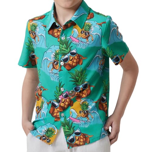 Giggling Getup Hawaiian Shirts for Boys Kids Casual Short Sleeve Button Down Summer Beach Shirt Surf Pineapple Printed 7-8 Years (Green)