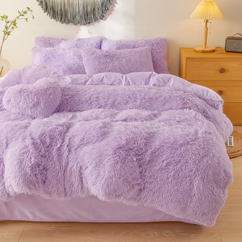 Faux Fur Fluffy Lavender Comforter Cover King Set – Plush Faux Fur Lavender Bedding 3-Piece Set (1 Duvet Cover + 2 Furry Pillow Shams) Cozy Bed Set