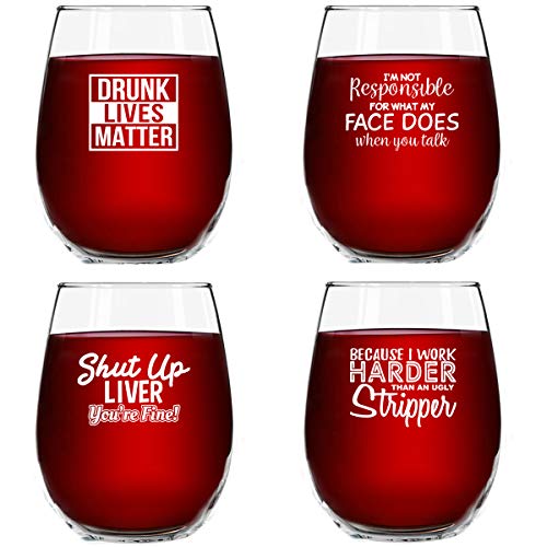 Set of 4 Crude & Rude Funny Wine Glasses (15 oz)- Novelty Glassware