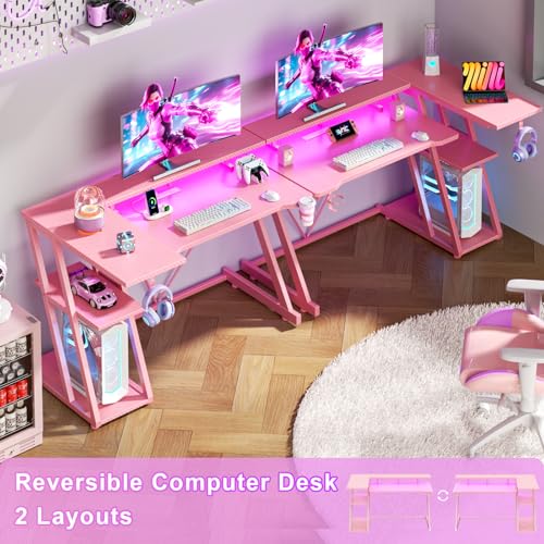 Image of Korfile 40 Inch Pink Gaming Desk with Power Outlet & LED Lights, Corner Computer Desk with 3 Tiers Storage Shelves, L Shaped Gaming Desk with Monitor Stand for Bedroom