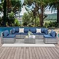 Walsunny Outdoor 7 Piece Patio Sectional Furniture Set, Outdoor Sofa Couch Patio Wicker Furniture Black Rattan Conversation Set, Aegean Blue