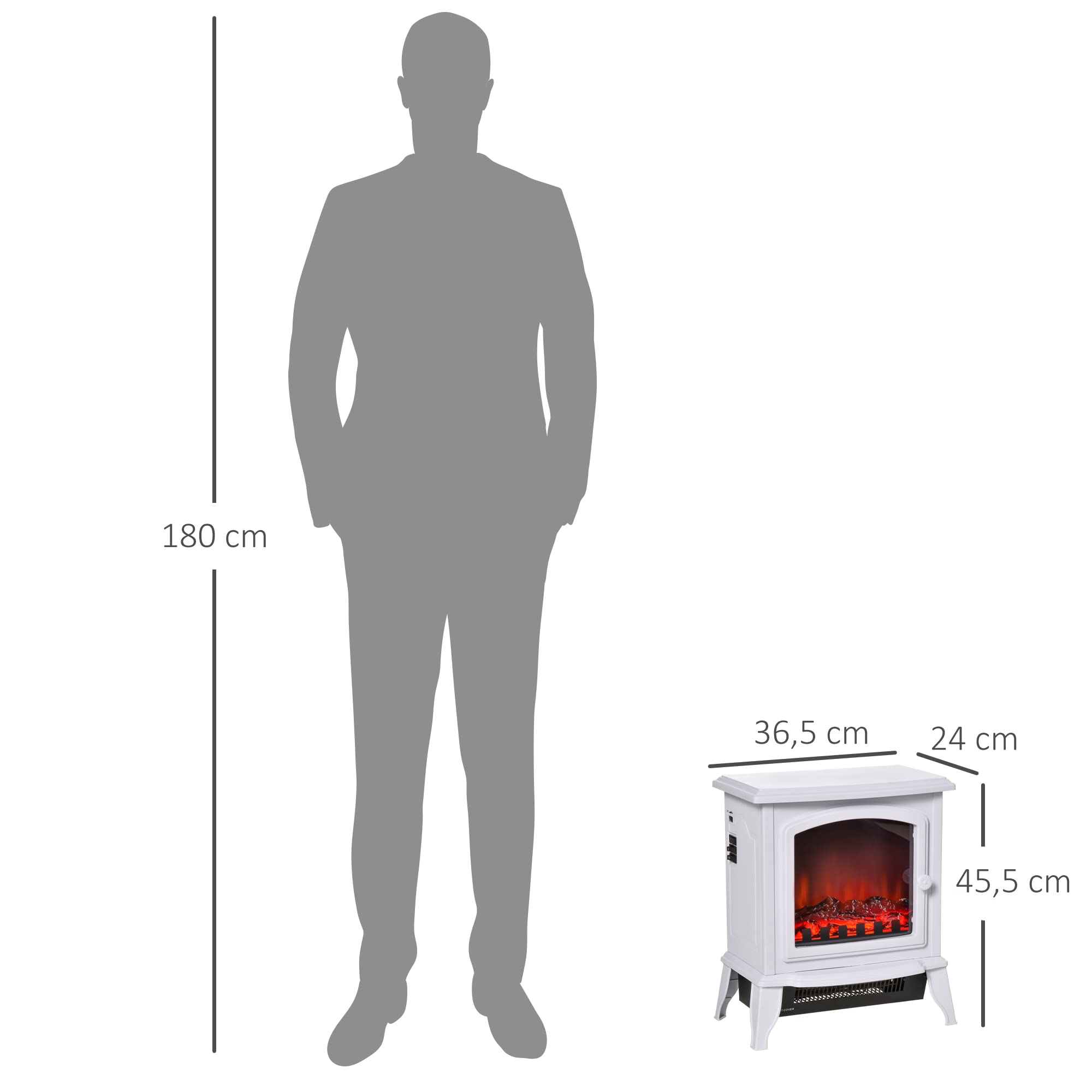 HOMCOM Chimenea Eléctrica de Pie 1000/2000W Chimenea Decorativa con Efecto de Llama Termostato Ajustable y Protección contra Sobrecalentamiento para Salas 20-25 m² 36,5x24x45,5 cm Blanco