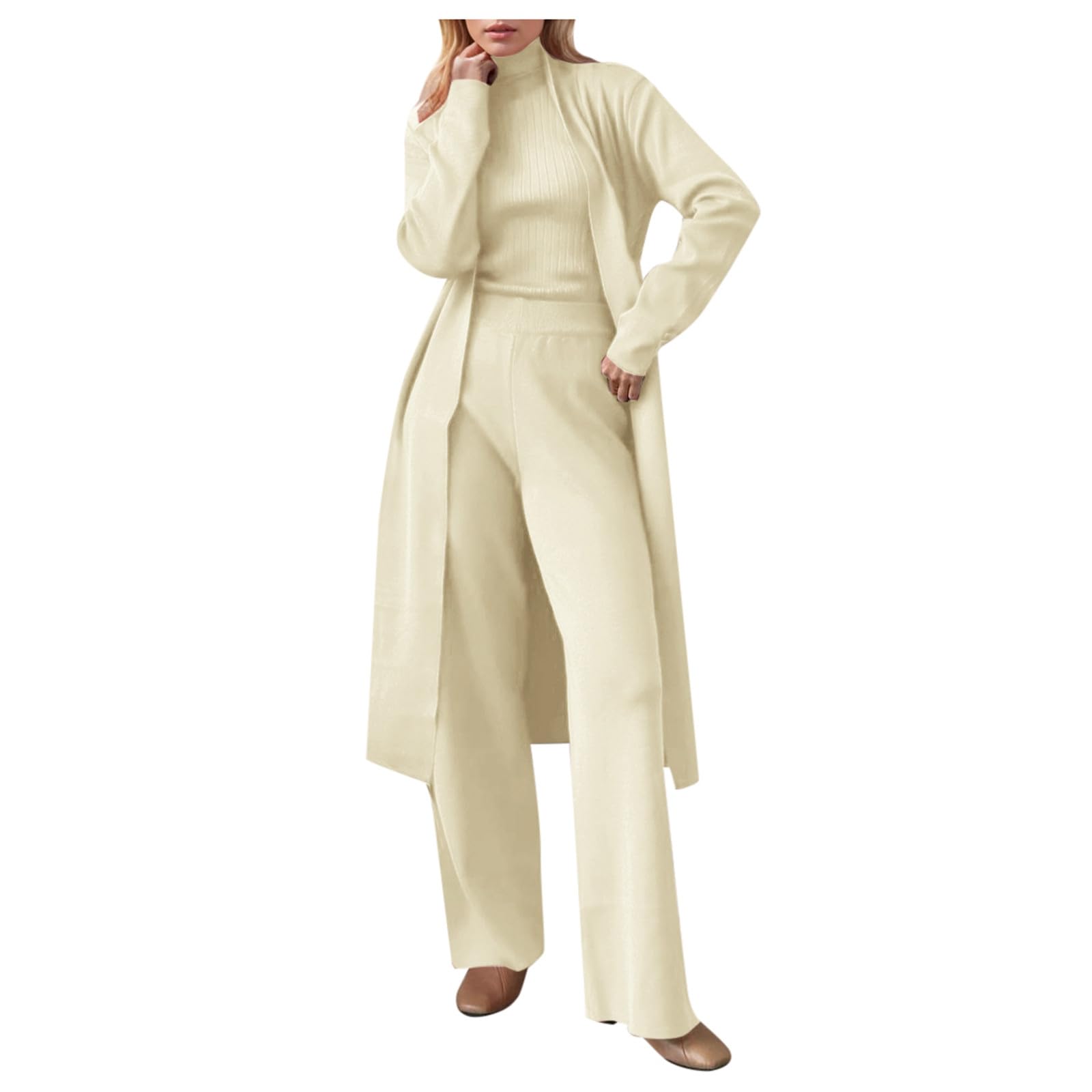 Printemps Femme Cardigan Pull Pantalon Ensemble Trois Pièces Mode Survêtement Ensemble Tricoté