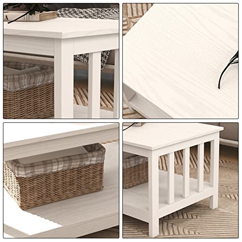 Choochoo Farmhouse Coffee Table, Pure White Living Room Table With Shelf, 40 Inch #TOP4