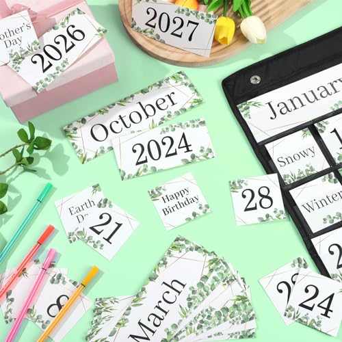 QOUBAI 120Pcs Classroom Calendar Pocket Chart Eucalyptus Calendar Bulletin Board Set Classroom Decorations Greenery Calendar Seasons Weather Chart for Classroom Decoration Back to School Supplies - Image 5