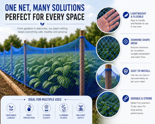 Image of 12 Ply Plant Netting 50 mm Mesh - Heavy Duty Garden Support Net, UV Resistant Trellis Net for Vegetables, Climbing Plants & Creepers (Blue, 10 X 50 FT)